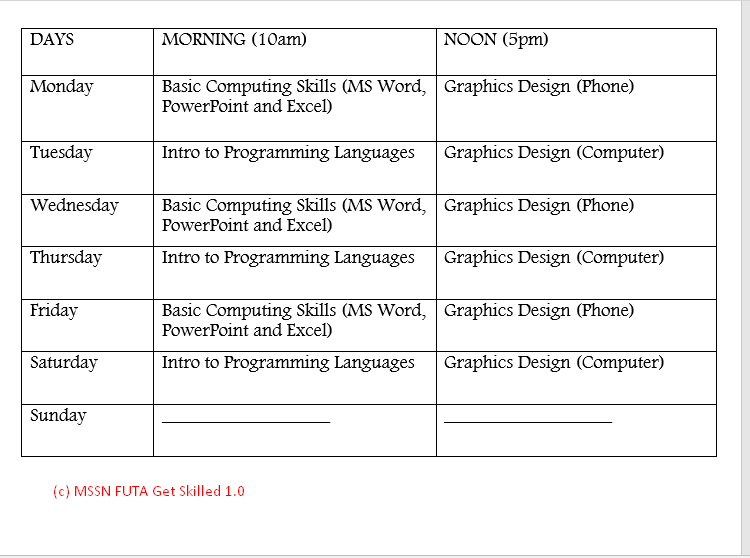 MSSN FUTA Get Skilled 1.0 : 21st Century Skills Acquisition Program for Everyone 2 MSSN FUTA Get Skilled 1.0 Timetable